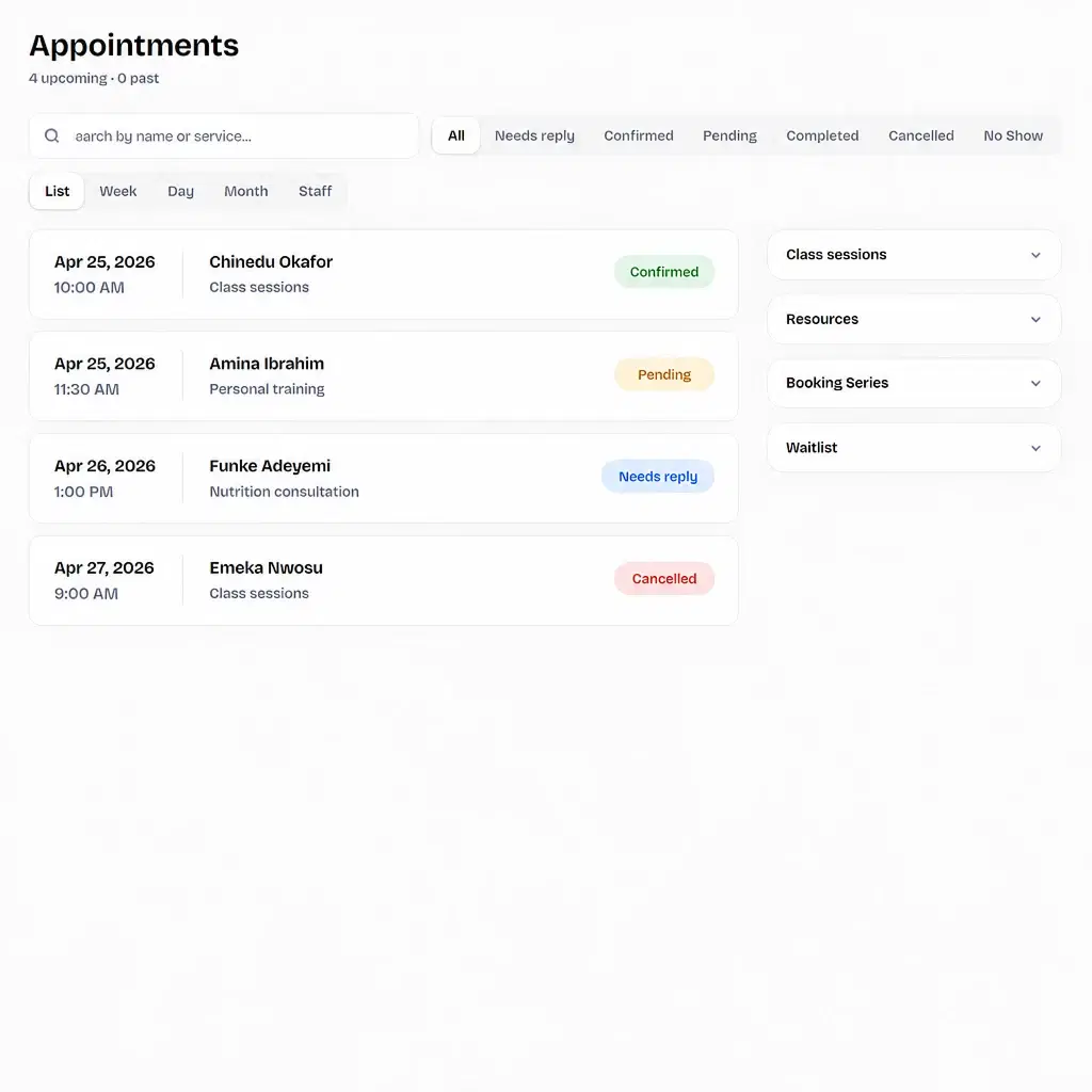 Branmart appointments list with confirmed, pending and cancelled bookings