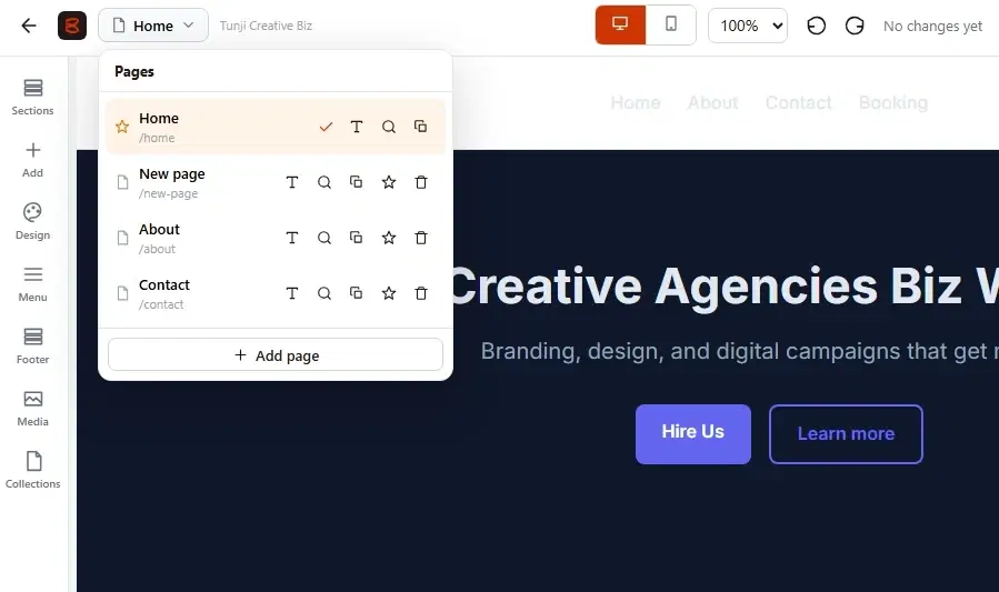 Branmart editor with the pages menu open, listing Home, About and Contact